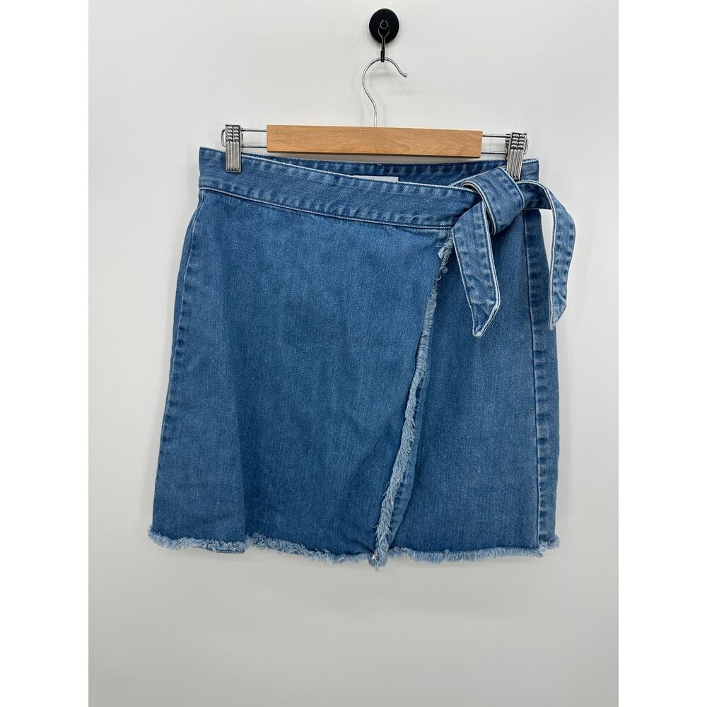 Loft Womens Denim Mini Wrap‎ Skirt Size 6 Fringe Fall Festival Boho Belt Western
